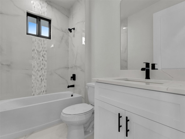 bathroom with toilet, marble finish floor, vanity, and shower / bathtub combination