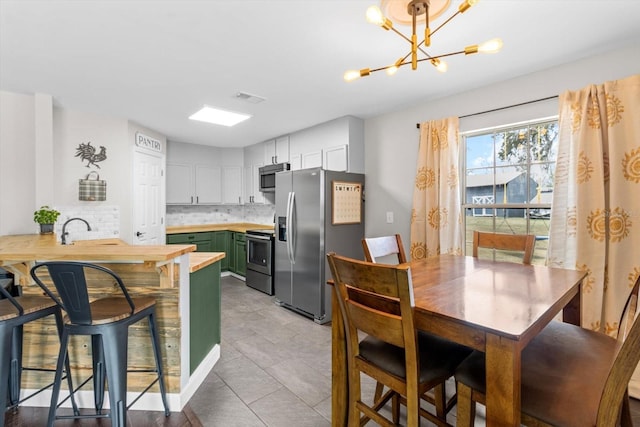 kitchen featuring stainless steel appliances, a sink, white cabinetry, decorative backsplash, and green cabinetry