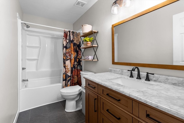 bathroom featuring shower / bath combination with curtain, visible vents, toilet, vanity, and tile patterned floors