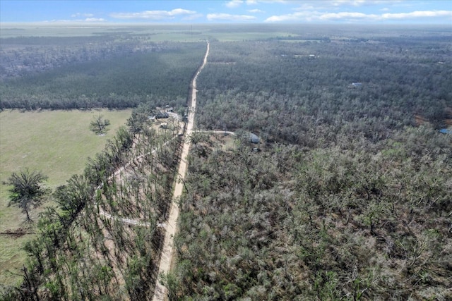 drone / aerial view featuring a forest view