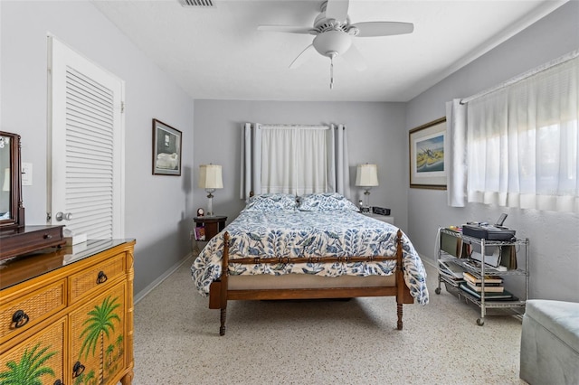 bedroom with ceiling fan and visible vents