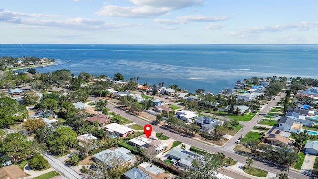 aerial view featuring a water view and a residential view