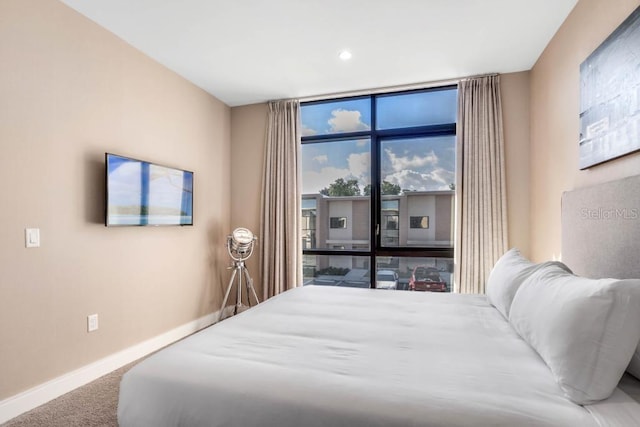 bedroom with access to exterior, carpet floors, floor to ceiling windows, and baseboards