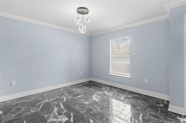 empty room featuring marble finish floor, baseboards, and ornamental molding