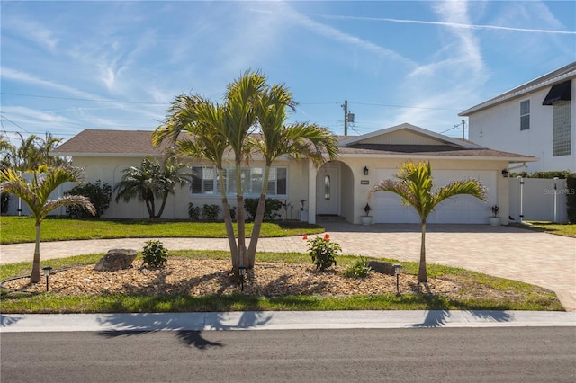 single story home featuring an attached garage, a front lawn, decorative driveway, and stucco siding