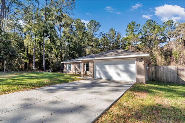 single story home featuring driveway, an attached garage, fence, a front lawn, and stucco siding