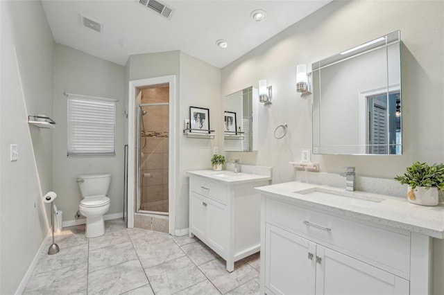 full bathroom featuring two vanities, a sink, visible vents, and a shower stall