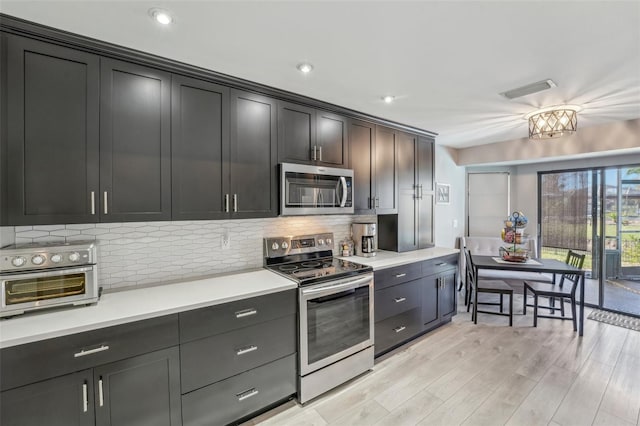 kitchen with light wood-style floors, light countertops, backsplash, and stainless steel appliances