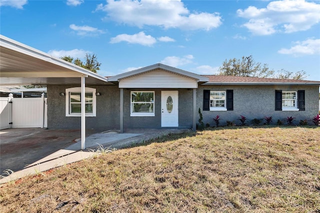 single story home with a front yard, fence, and stucco siding