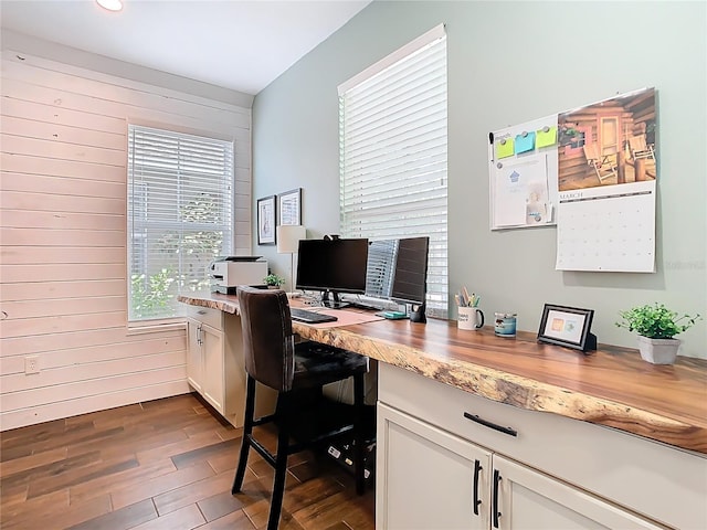 office area with wooden walls and wood finished floors