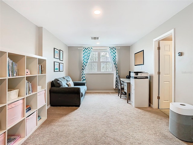 home office featuring recessed lighting, visible vents, light carpet, and baseboards