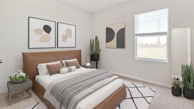 bedroom featuring light carpet and baseboards