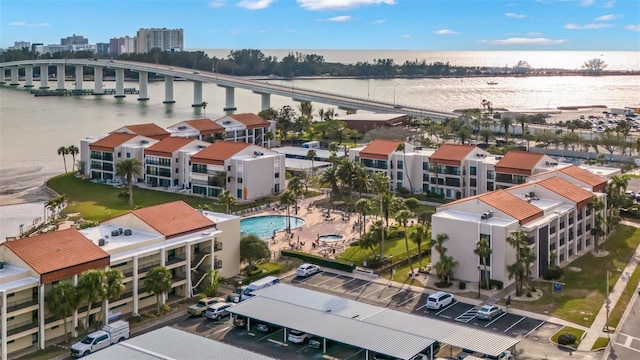 855 Bayway Blvd Unit 105, Clearwater, FL 33767 - aerial view of a notable bridge, a nearby body of water, and a pool