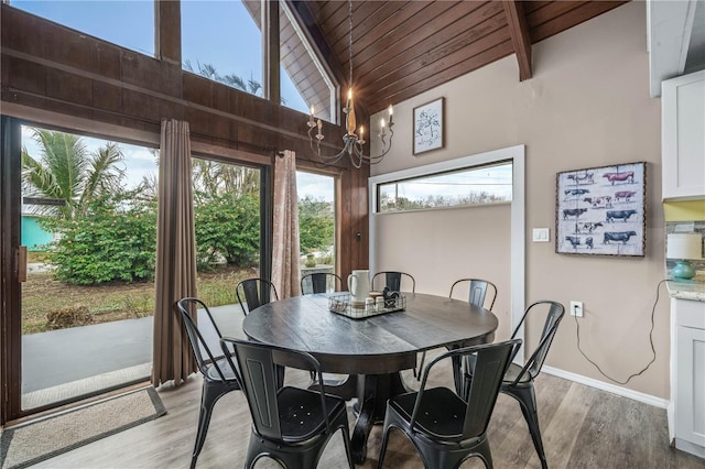 dining area with high vaulted ceiling, wooden ceiling, baseboards, light wood-type flooring, and beam ceiling