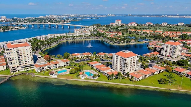 aerial view with a water view and a city view