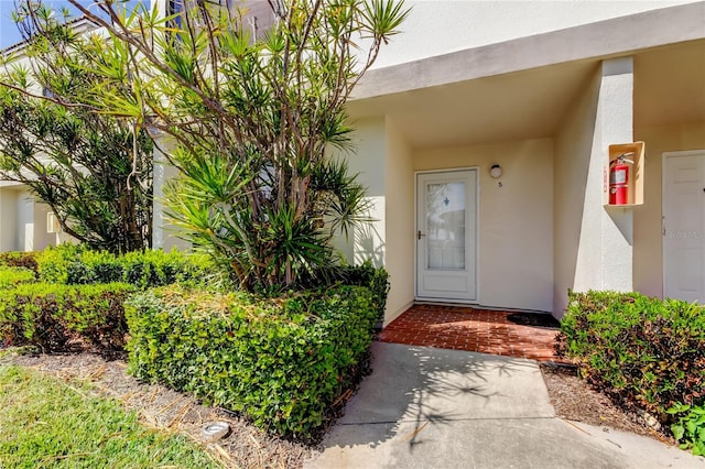 entrance to property with stucco siding