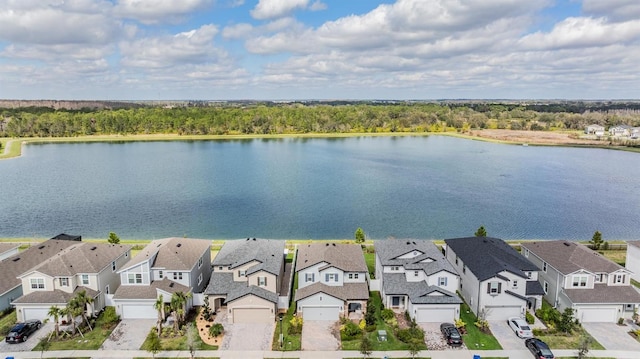 birds eye view of property with a water view and a residential view