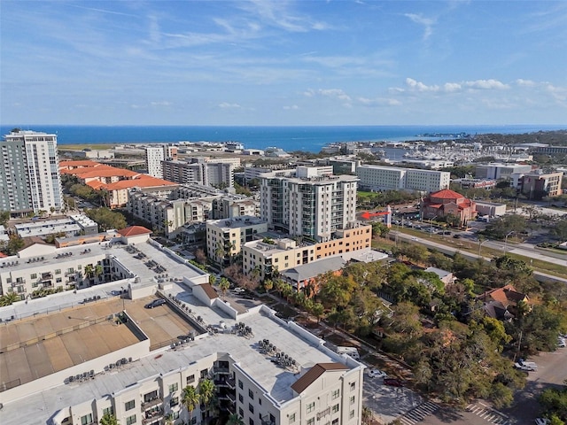 bird's eye view featuring a view of city and a water view