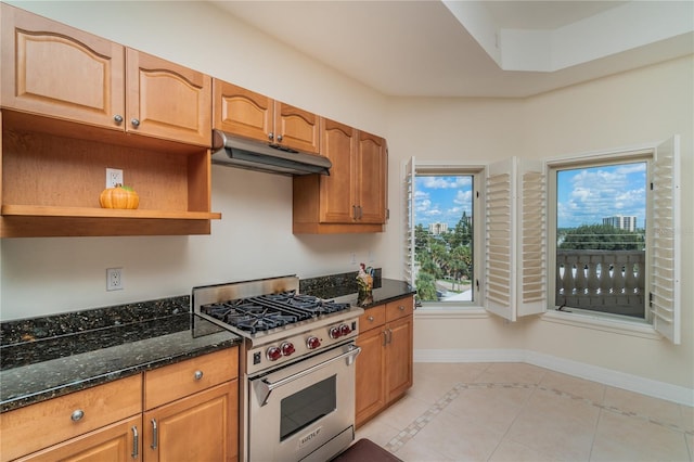 kitchen featuring baseboards, dark stone countertops, high end stove, under cabinet range hood, and open shelves