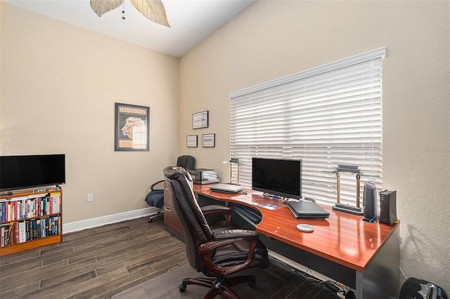 office with a ceiling fan, baseboards, and wood finished floors