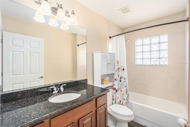 full bath with toilet, shower / bath combo, visible vents, and vanity