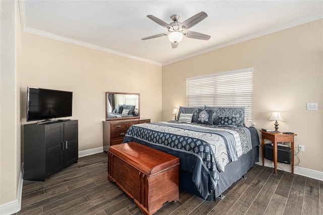 bedroom with crown molding, baseboards, a ceiling fan, and wood tiled floor