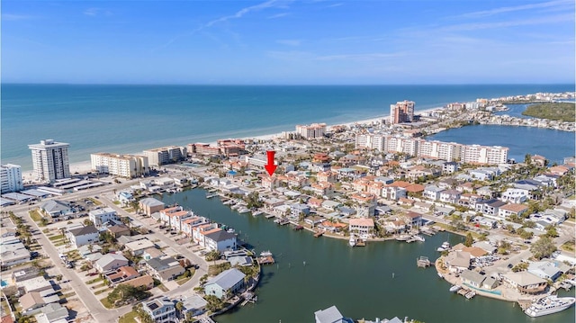 bird's eye view featuring a water view and a view of city