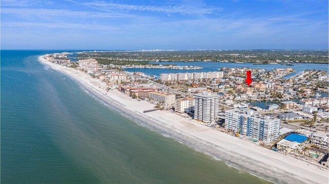 bird's eye view featuring a city view, a beach view, and a water view