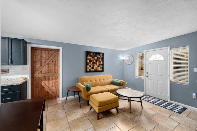 living room featuring a barn door, baseboards, and a textured ceiling