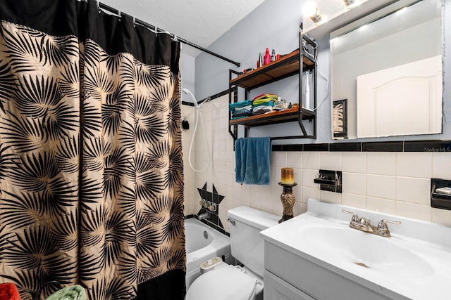 full bath with toilet, shower / bath combo with shower curtain, vanity, and tile walls