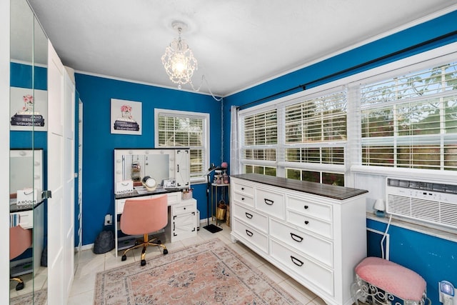 home office with light tile patterned floors, cooling unit, a chandelier, and baseboards