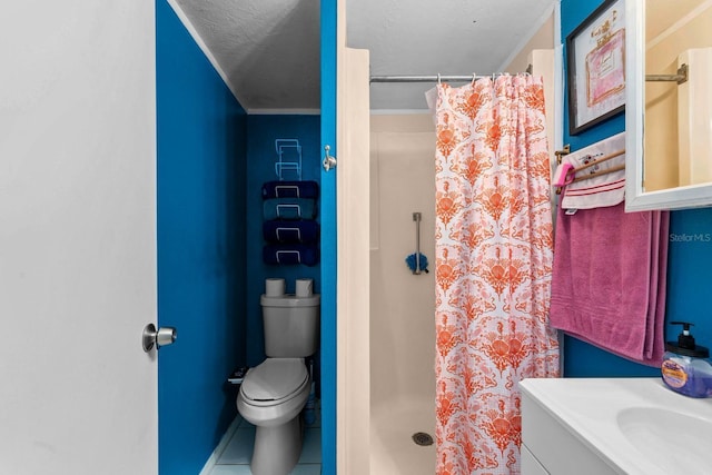 full bath featuring toilet, a shower stall, a textured ceiling, and vanity