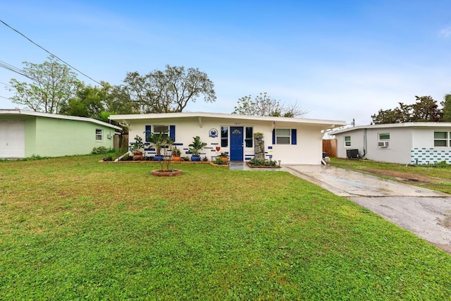 view of front of property featuring central AC, a front lawn, and stucco siding