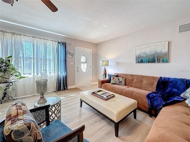 4100 Narvarez Way S, Saint Petersburg, FL 33712 - living room featuring light wood-type flooring, ceiling fan, a textured ceiling, and baseboards