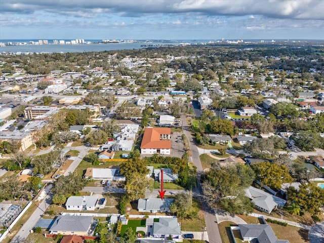 aerial view featuring a water view and a residential view