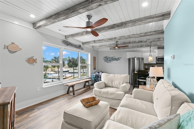 living room featuring recessed lighting, light wood-style flooring, wood ceiling, beamed ceiling, and baseboards