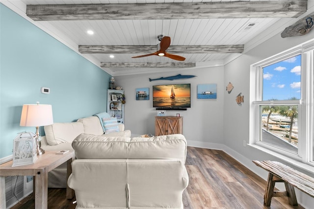 living room with ceiling fan, beamed ceiling, baseboards, and wood finished floors