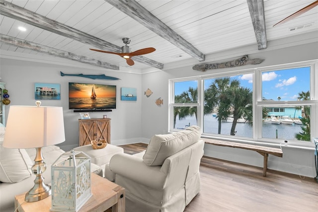 interior space featuring wooden ceiling and beam ceiling