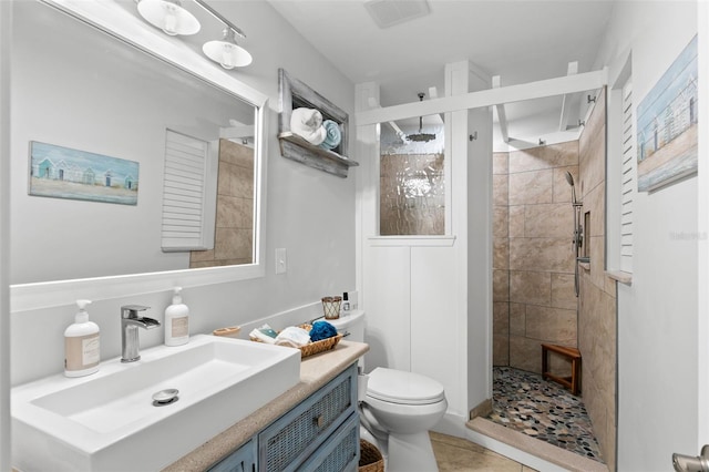 bathroom with visible vents, vanity, a shower stall, and toilet