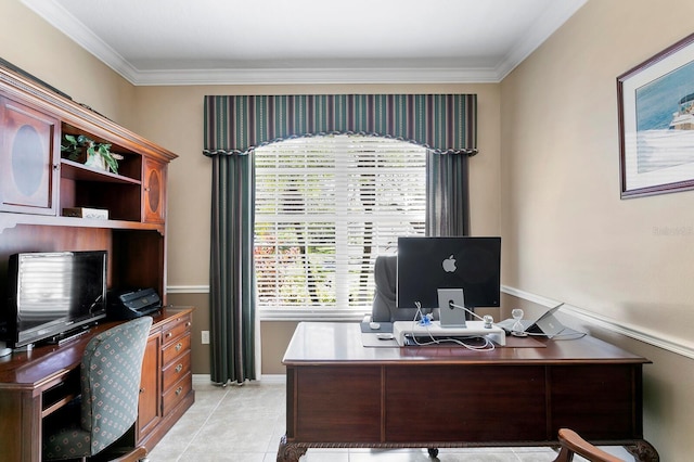 office area featuring ornamental molding and light tile patterned flooring