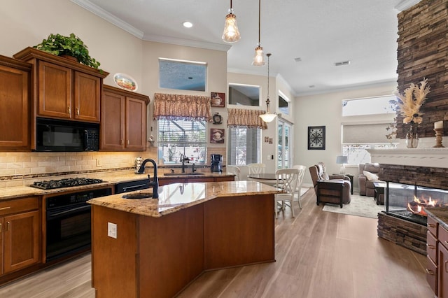 kitchen with a sink, black appliances, light stone counters, and a multi sided fireplace