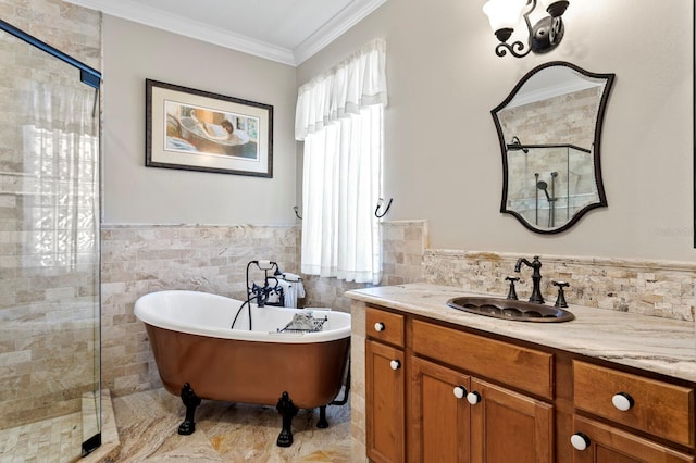 bathroom featuring a stall shower, tile walls, ornamental molding, and a wealth of natural light