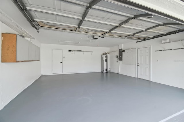 garage with a garage door opener, electric panel, and electric water heater