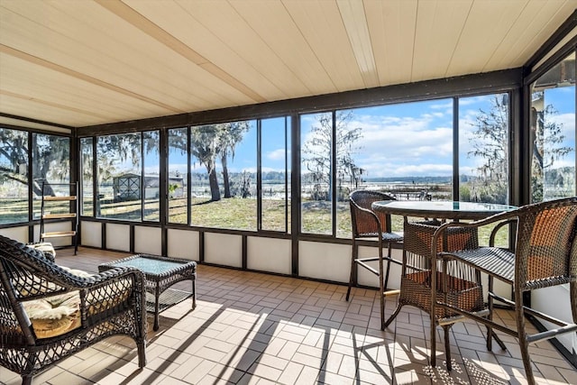 sunroom with wood ceiling