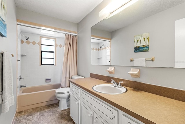 bathroom with toilet, vanity, and shower / bathtub combination with curtain