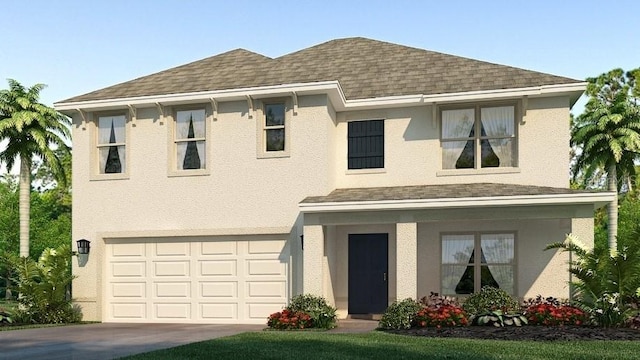 view of front of property with roof with shingles, driveway, an attached garage, and stucco siding