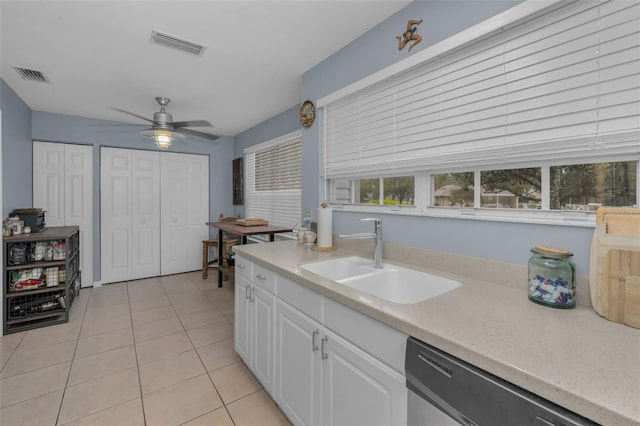 kitchen featuring a sink, visible vents, white cabinetry, light countertops, and stainless steel dishwasher