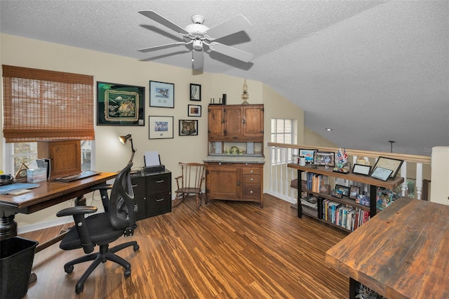 office with lofted ceiling, ceiling fan, a textured ceiling, and dark wood finished floors