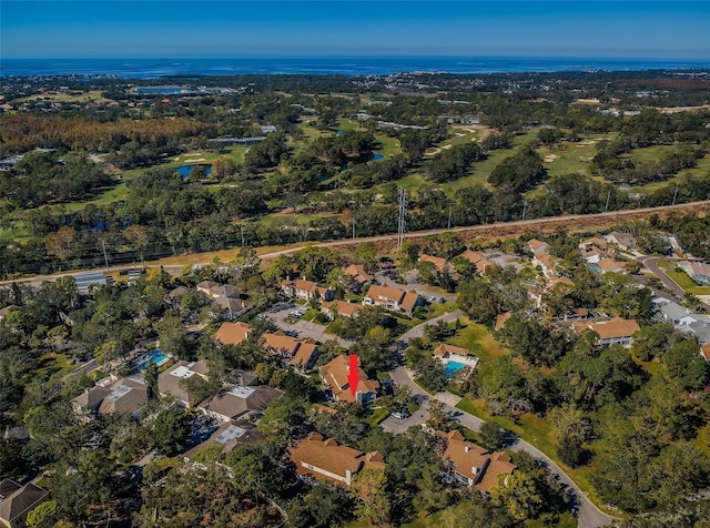 aerial view featuring a residential view and a water view