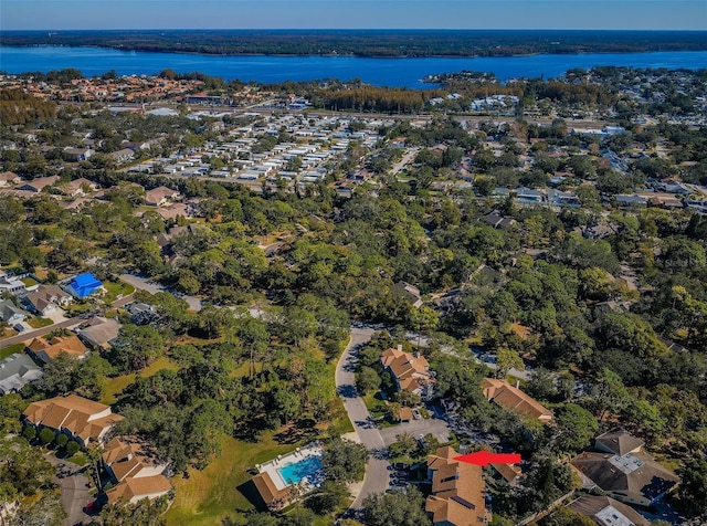 aerial view featuring a water view and a residential view